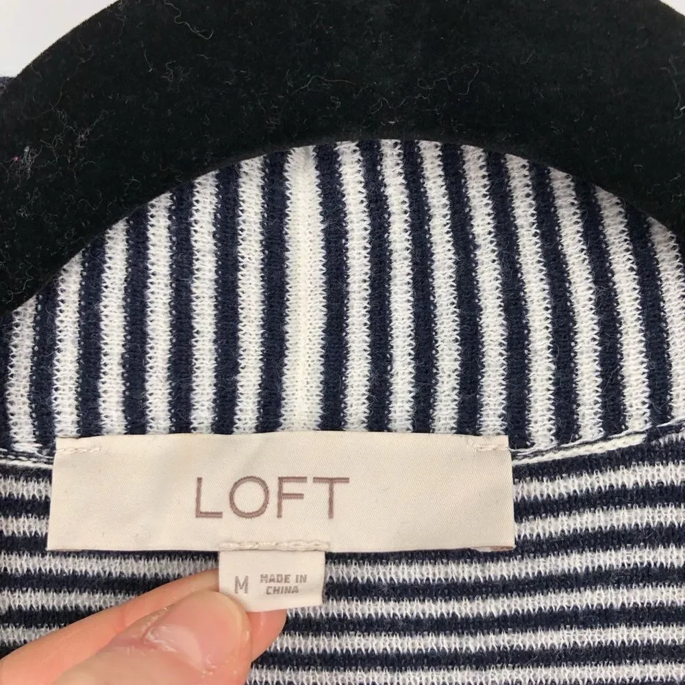 Loft Cardigan‎ Womens Medium Navy Striped Longline Open Front Pockets